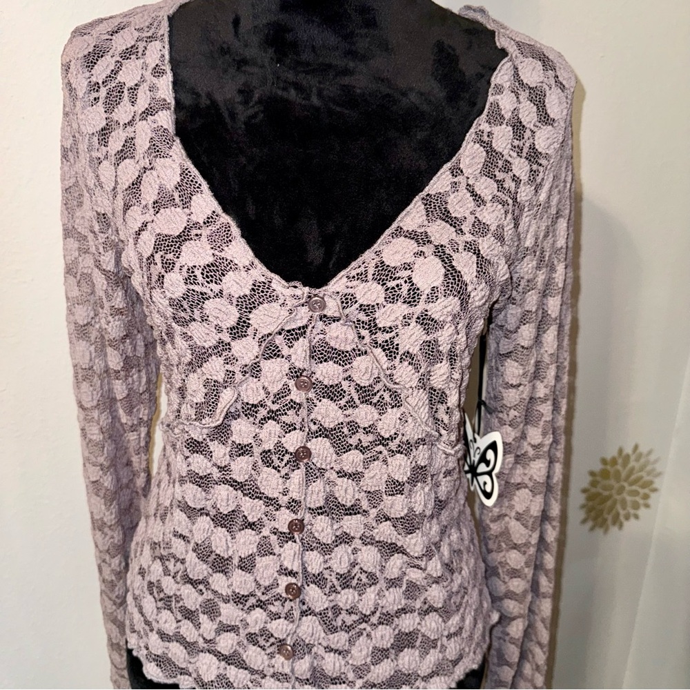 Self Esteem Women’s Purple L/S Lace Button-Up Shirt Top Chic Feminine